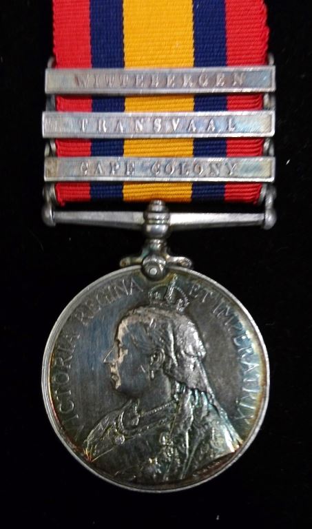 Single :QUEENS SOUTH AFRICA MEDAL 1899 three clasps "CC. T. WITT."  Impressed 79472 Cpl.S:S:  H.G.Whitehead. 77Bty. R.F.A.