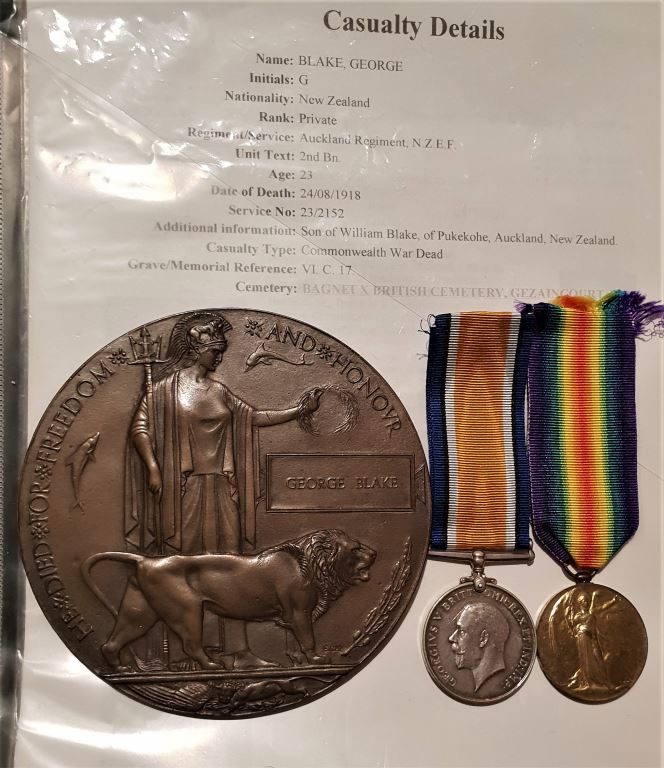 PAIR: British War Medal 1914-18; Victory Medal 1914-19 correctly impressed to 23/2152 Pte G. Blake NZEF. Together with Death Plaque correctly named to George Blake