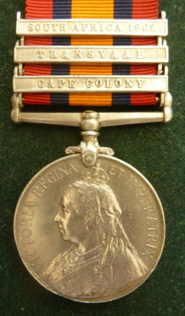 Photo From Tasmanians in the Transvaal War  Single : QUEENS SOUTH AFRICA MEDAL 1899 Three clasps "CC, T, S.A.02" impressed 1213 ................. AUS: COM: H. - VF SOLD