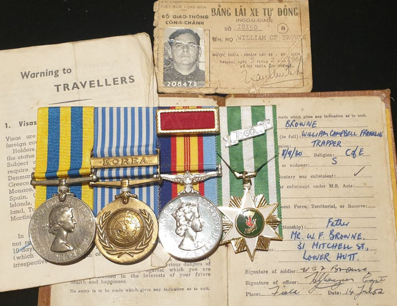 Photo from vietnamwar.govt/nz  Four: Queens Korea, United Nations Korea (rank “GNR” on Korean war medals), Vietnam Medal and Vietnam Star to 208472 BDR W. C. F. Browne RNZA with all medals correctly named - VF SOLD