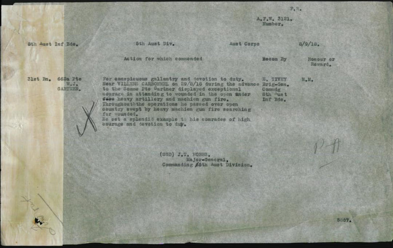 Trio: Military Medal, British War Medal and Victory Medal all correctly impressed to 662 PTE. (DVR on campaign medals) W. J. GARTNER 31 BN. A.I.F. - SOLD