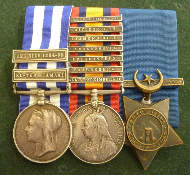 Trio : Egypt 1882 undated, two clasps ; "EL-TEB_TAMAAI, THE NILE 1884-85", Queen South Africa medal 1899 seven clasps "R of K, Paard, Dreif, Jo'Burg, D.Hill, Witt, SA01" and Khedive Star dated 1884-6. - VF SOLD