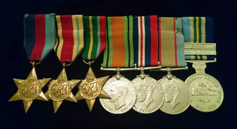 Group of Seven : 1939/45 Star, Africa Star, Pacific Star, Defence Medal, War Medal 1939/45, Australian Service Medal 39/45 and Australian Service Medal 1945/75 two clasps “SW Pacific & Japan”. - VF SOLD