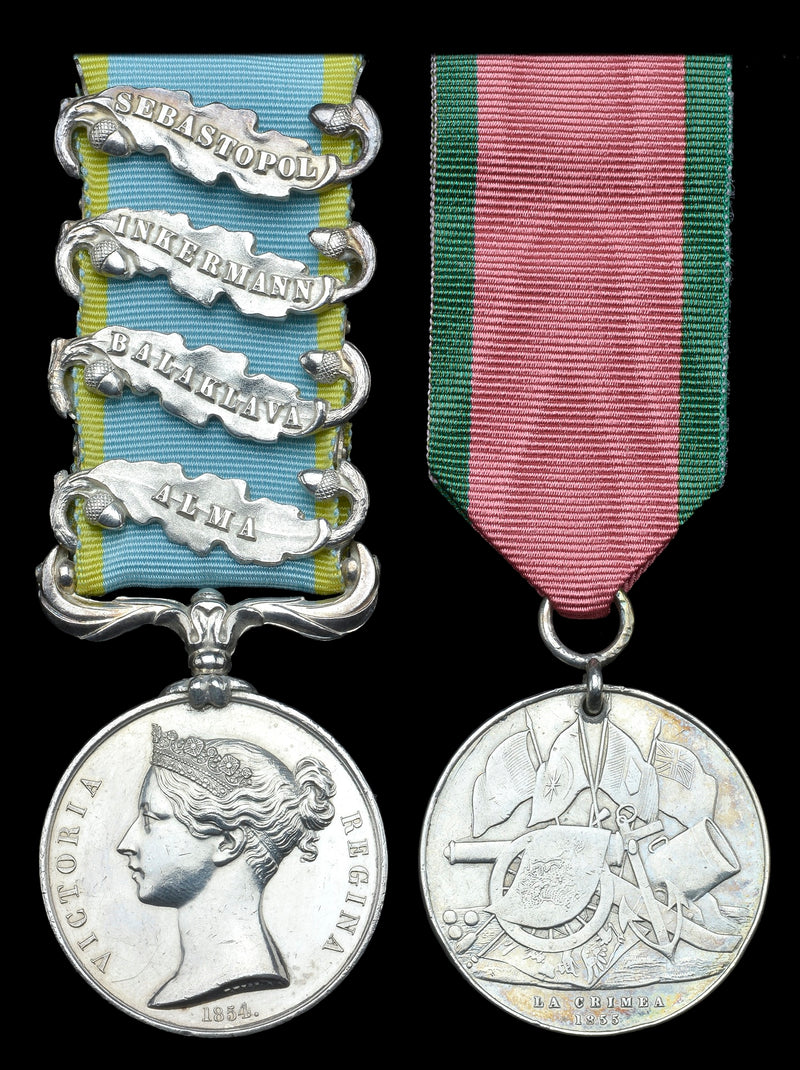 Pair: Private J. Hughes, 63rd Regiment Crimea 1854-56, 4 clasps, Alma, Balaklava, Inkermann, Sebastopol (63rd Regt.) officially impressed naming; Turkish Crimea 1855, Sardinian issue, unnamed, pierced with ring suspension.