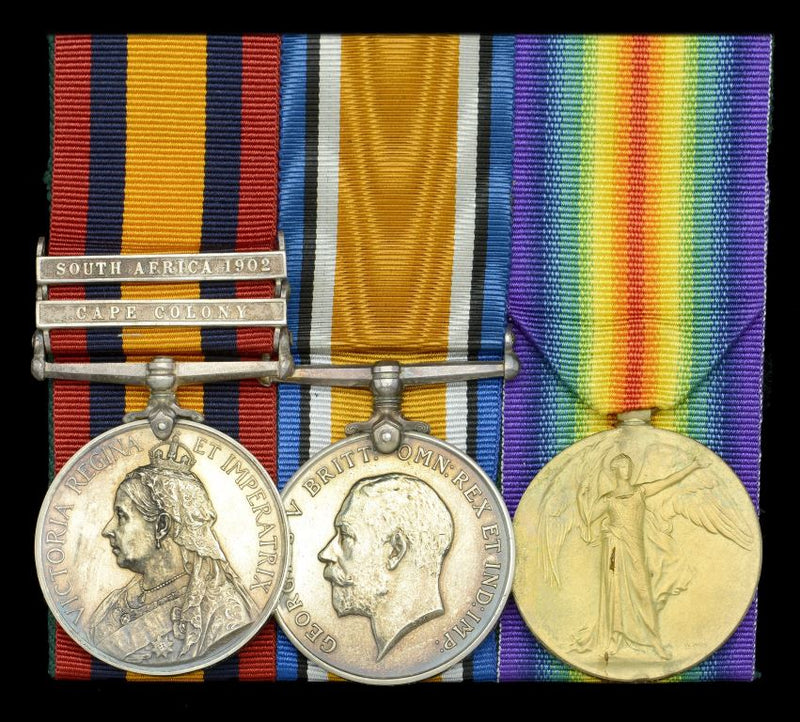 Three: Queen’s South Africa 1899-1902, 2 clasps, Cape Colony, South Africa 1902 (41108 Pte A. Mackie. 177th Coy Imp: Yeo:); British War and Bilingual Victory Medals (Pte A. Mackie. 4th S.A.I.)