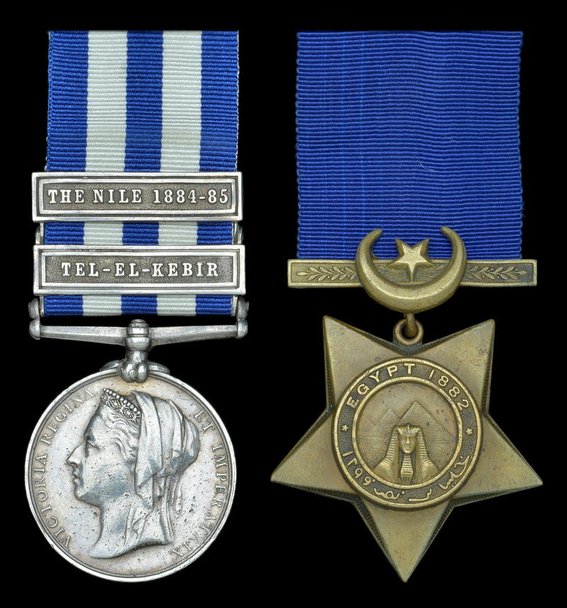 Pair: Private J. McLean, Cameron Highlanders Egypt and Sudan 1882-89, dated reverse, 2 clasps, Tel-el-Kebir, The Nile 1884-85 (138 Pte., 1/Cam’n. Highrs.); Khedive’s Star, 1882, unnamed as issued. - SOLD