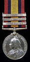 Single: QUEENS SOUTH AFRICA MEDAL 1899 three clasps "CC, OFS, T" Impressed 6199 PTE S. MILLER. E. YORKSHIRE REGT