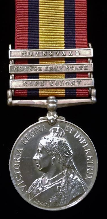 Single: QUEENS SOUTH AFRICA MEDAL 1899 three clasps "CC, OFS, T" Impressed 6199 PTE S. MILLER. E. YORKSHIRE REGT