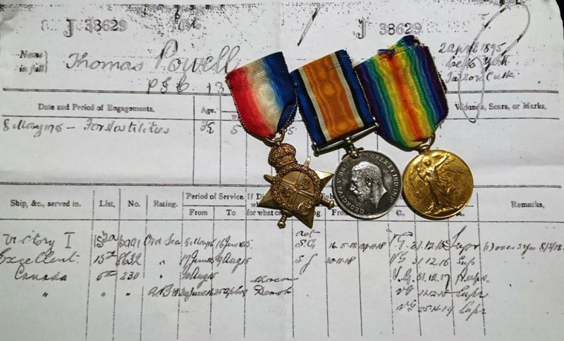 Group of three: 1914-15 Star (J.38629 T. POWELL ORD, R.N.); British War and Victory Medals (J.38629 T. POWELL A.B, R.N.) - VF SOLD