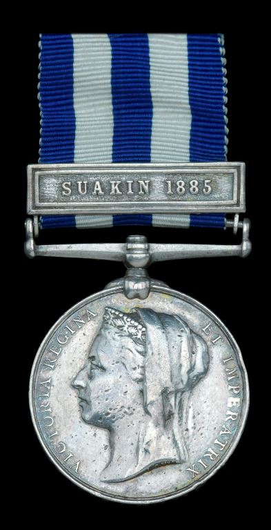 Single: Egypt and Sudan 1882-89, undated reverse, 1 clasp, Suakin 1885 correct period naming to 2580. Pte. T. Pritchard. 19th Husrs.