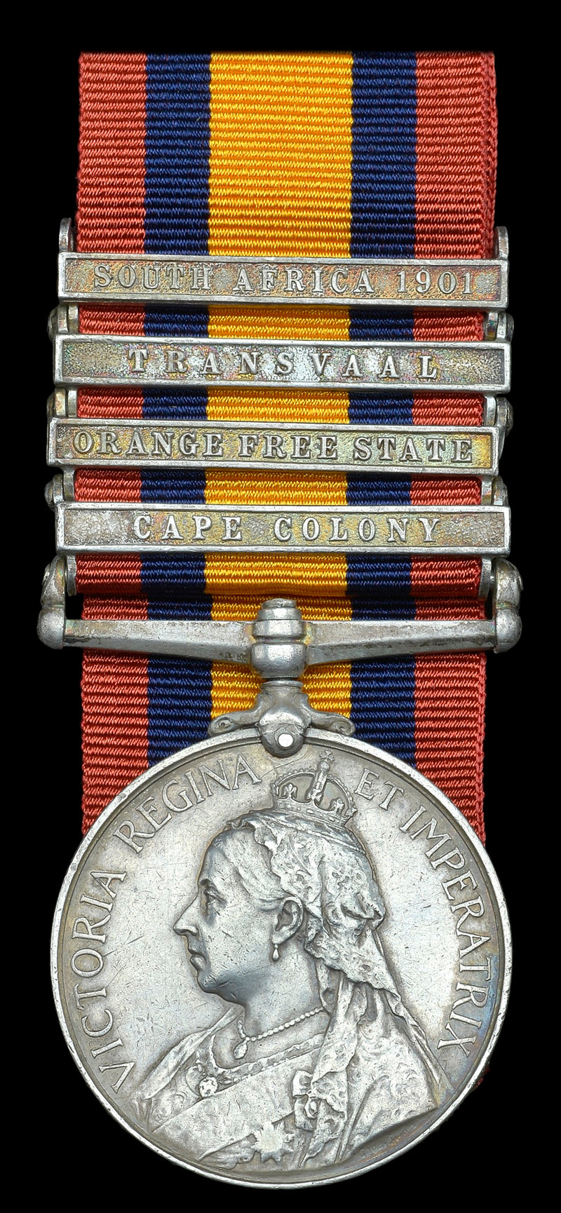 Single: Queen's South Africa 1899-1902, four clasps "CC, OFS, T, SA01" impressed 145 Pte. E. Kelk, Queensland M.R.    Note: Eustace Kelk was born on 11 June 1879 in Brisbane, Queensland. Died 14 April 1946  - VF SOLD