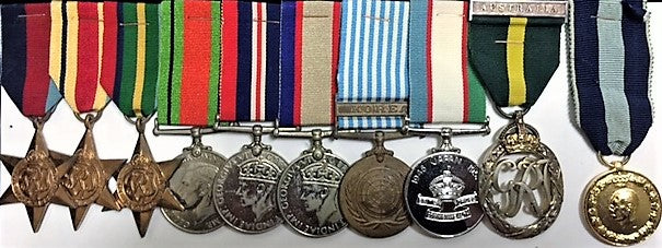 GH16: Nine: 1939-45 Star; Africa Star; Pacific Star (all small impressed) Defence Medal; British War Medal 1939-45; Australia Service Medal; United Nations Korea (all four impressed) Efficiency Decoration (GRI); Greek War Medal 1940-41; VX160 G.F. Sell.
