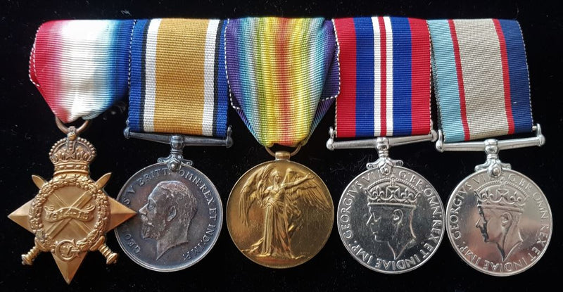 Five: 1914/15 Star, British War, Victory Medal, War Medal 1939/45 and ASM 1939/45. WW1 trio correctly impressed to R. M. A. 11414, GR. A. L. SKIPP. War Medal 1939/45 and ASM 39/45 correctly impressed W28972 A. L. SKIPP - VF SOLD