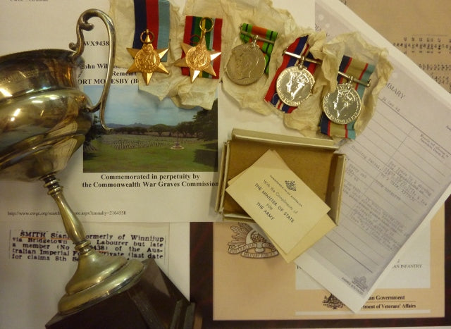 A RARE GONA BEACH 2/16th CASUALTY  Five: 1939/45 Star, Pacific Star, Defence Medal, War Medal 1939/45 and Australian Service Medal 1939/45 all correctly  impressed to WX9438 S. SMITH -