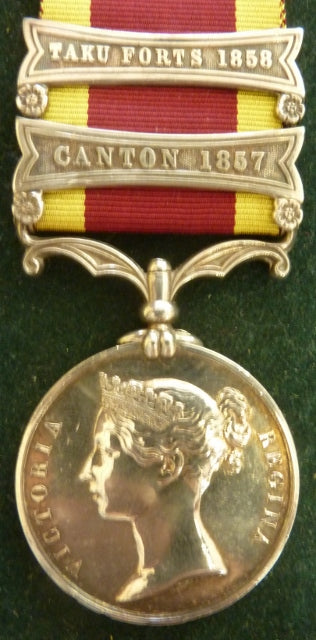 Single : CHINA WAR MEDAL 1857-60 two clasps "Canton 1857, Taku Forts 1858". Unnamed as issued.
