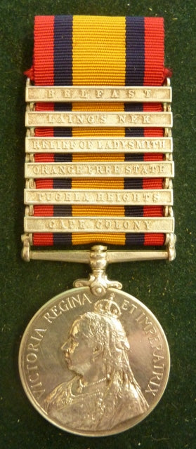 Single : QUEENS SOUTH AFRICA MEDAL 1899 six clasps "CC, T. Hgts, OFS, R of Lady, LNEK, BELFAST" impressed 881 TPR. H. Vercueil. S. A. LT. Horse