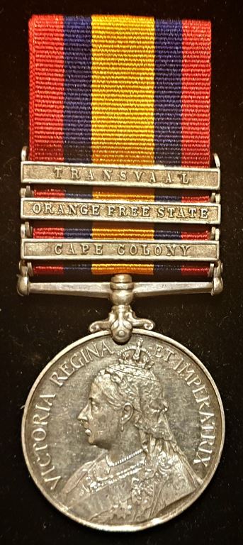 Single: QUEENS SOUTH AFRICA MEDAL 1899 three clasps : CC,OFS,T." impressed 488 TPR. C. A. WORSFOLD S.A.C.