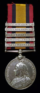 Single: QUEENS SOUTH AFRICA MEDAL 1899 five clasps "CC, OFS, T, SA 01, SA 02" Impressed 34906 PTE.J. L. Wright. 53rd COY. IMP. YEO.